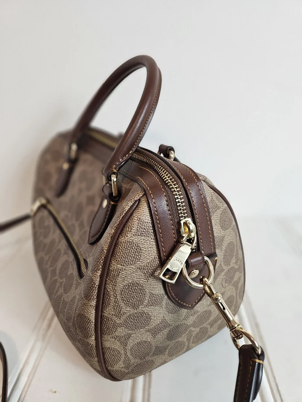 Coach Satchel OS Rowan Signature Canvas Crossbody Top Handle Gold Tan Brown